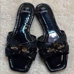 Palms Black Mesh Strap Sandal Square Toe Tortoise Chain Detail Women’s Sz 9